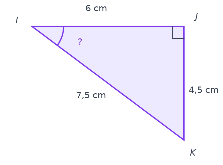 Triangle IJK rectangle en J avec IJ de 6 cm, JK de 4,5 cm, IK de 7,5 cm et l'angle en I inconnu