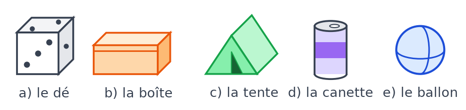 Cinq objets dessinés : un dé cubique, une boîte à chaussures orange, une tente verte couchée, une canette violette et un ballon bleu