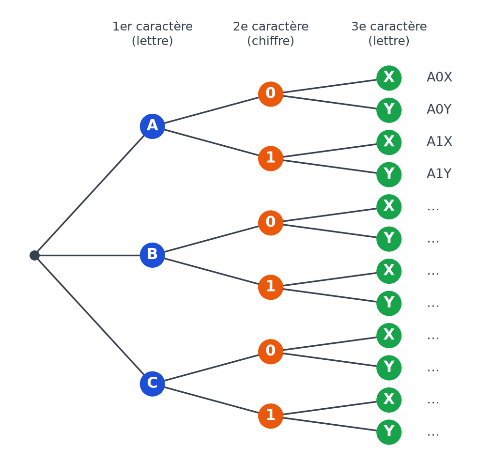 Arbre de choix à trois niveaux : lettre A, B ou C, puis chiffre 0 ou 1, puis lettre X ou Y, avec douze branches
