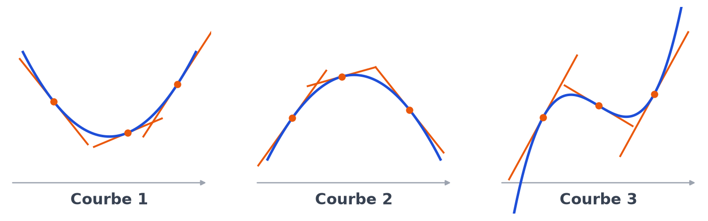 Trois courbes bleues avec chacune trois tangentes orange : une en forme de U, une en forme de bosse, une qui change de courbure