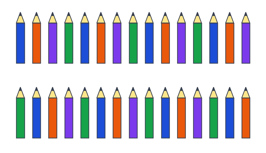 Trente crayons de couleur dessinés en deux rangées de quinze crayons, régulièrement espacés et sans paquet marqué