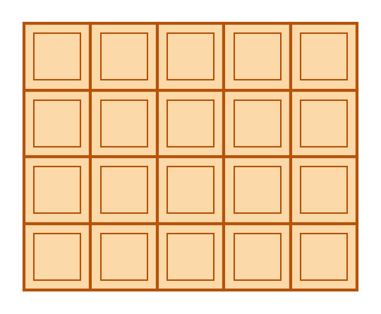 Tablette de chocolat de vingt carreaux rangés en quatre rangées de cinq carreaux