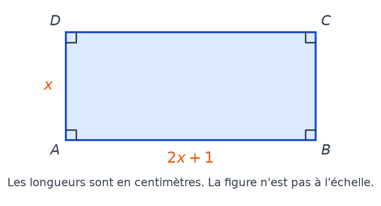 Rectangle ABCD avec ses quatre angles droits codés, la longueur AB notée 2x + 1 et la largeur AD notée x