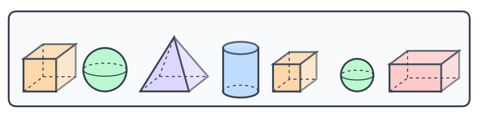 Bac contenant sept solides mélangés : deux cubes, deux boules, une pyramide, un cylindre et un pavé