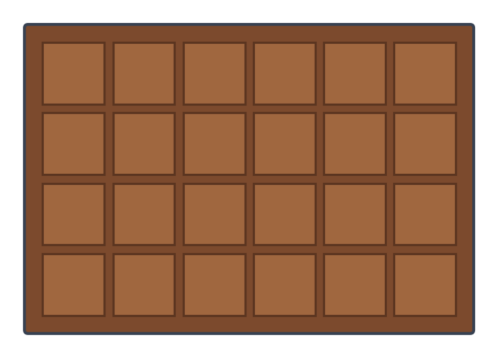 Tablette de chocolat rectangulaire de 4 rangées de 6 carreaux, soit 24 carreaux au total