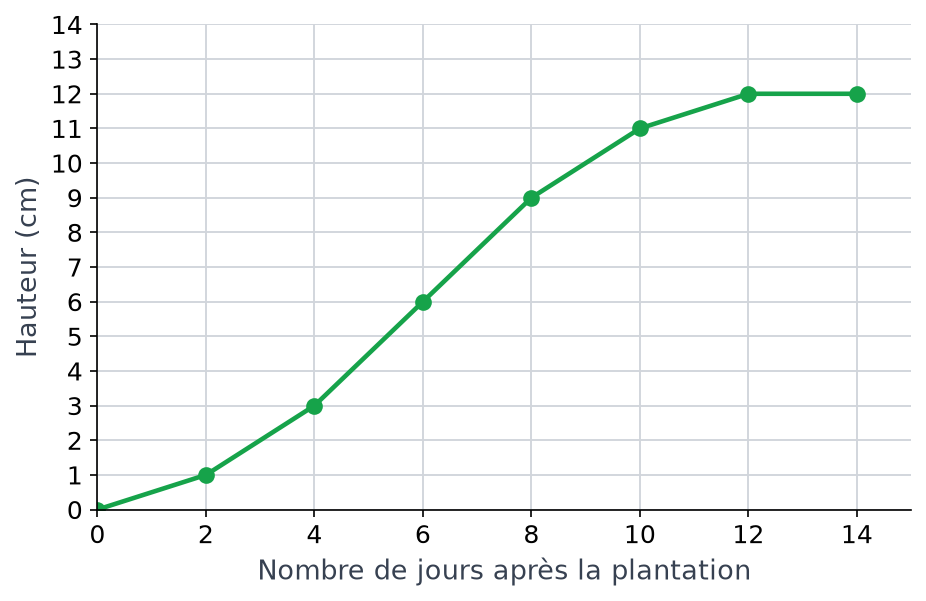 Courbe de la hauteur d'un haricot en centimètres selon le nombre de jours après la plantation, de 0 à 14 jours