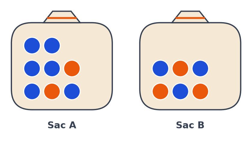 Deux sacs de billes : le sac A avec six billes bleues et deux orange, le sac B avec trois bleues et trois orange