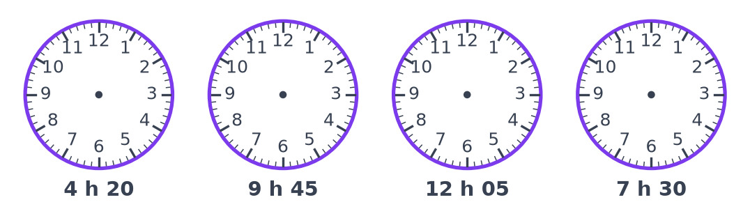Quatre cadrans d'horloge vides, sans aiguilles, avec en dessous 4 h 20, 9 h 45, 12 h 05 et 7 h 30