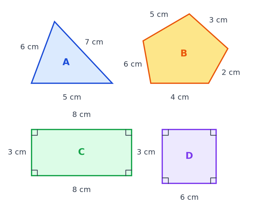 Triangle A de côtés 5, 6 et 7 cm, pentagone B de côtés 4, 2, 3, 5 et 6 cm, rectangle C de 8 cm sur 3 cm, carré D de 6 cm de côté