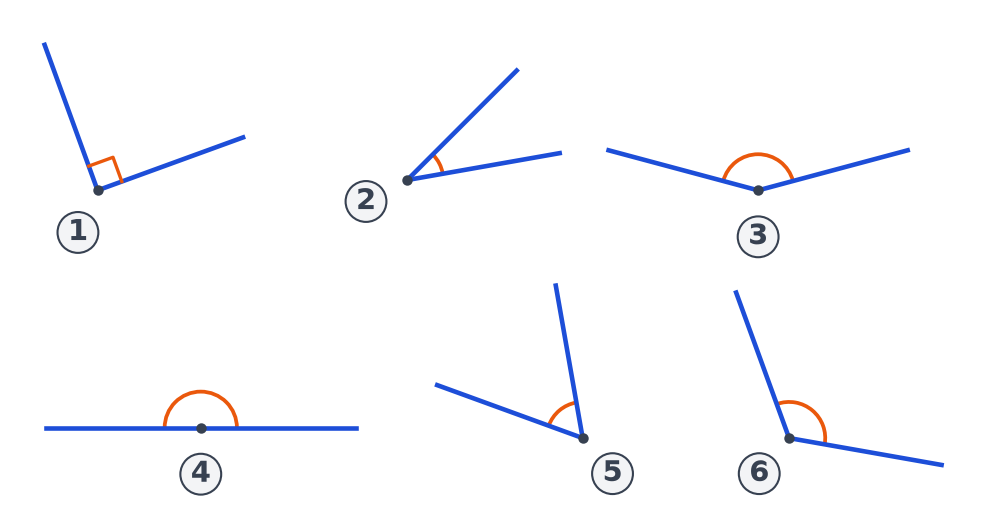 Six angles bleus numérotés de 1 à 6 : un angle droit codé, un angle plat, deux angles aigus et deux angles obtus