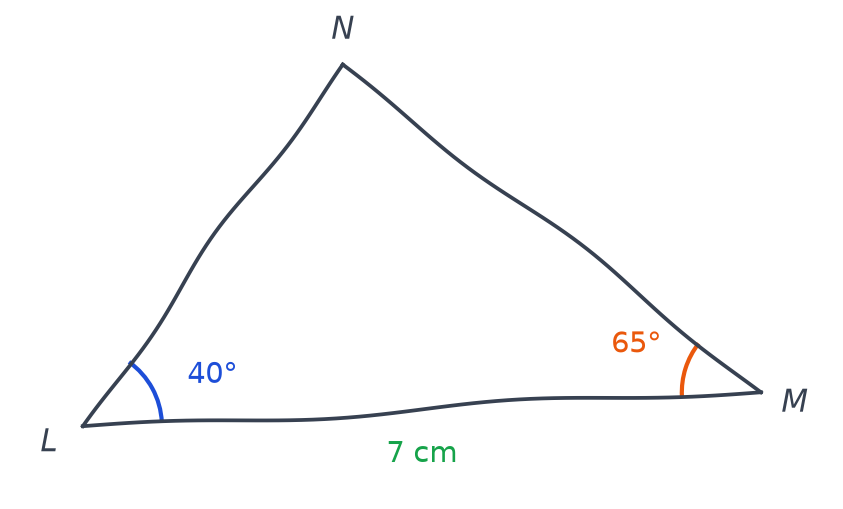 Croquis à main levée du triangle LMN avec LM égal à 7 cm, un angle de 40 degrés en L et 65 degrés en M