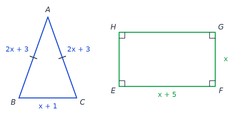 Triangle ABC isocèle en A avec AB = AC = 2x + 3 et BC = x + 1, rectangle EFGH de longueur x + 5 et de largeur x