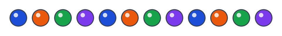 Une rangée de douze billes de couleurs bleu, orange, vert et violet