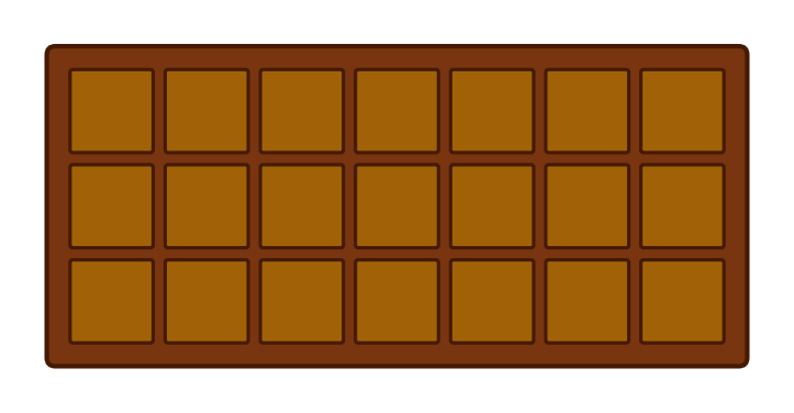 Tablette de chocolat rectangulaire de trois rangées de sept carreaux marron