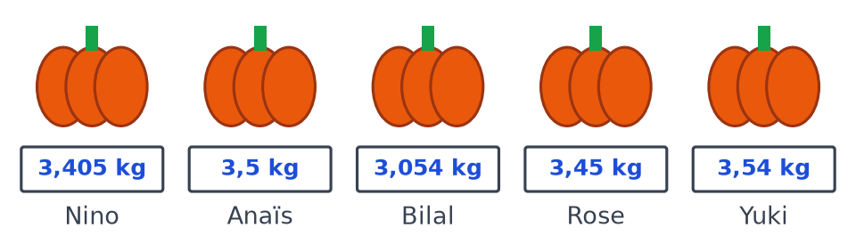 Cinq courges orange avec leur masse : Nino 3,405 kg, Anaïs 3,5 kg, Bilal 3,054 kg, Rose 3,45 kg et Yuki 3,54 kg