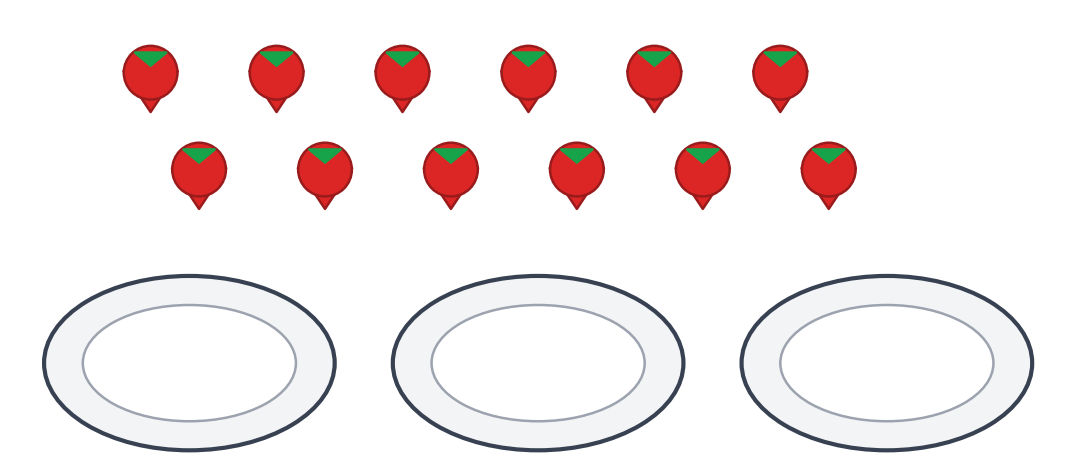 Douze fraises dessinées en deux rangées au-dessus de trois assiettes vides