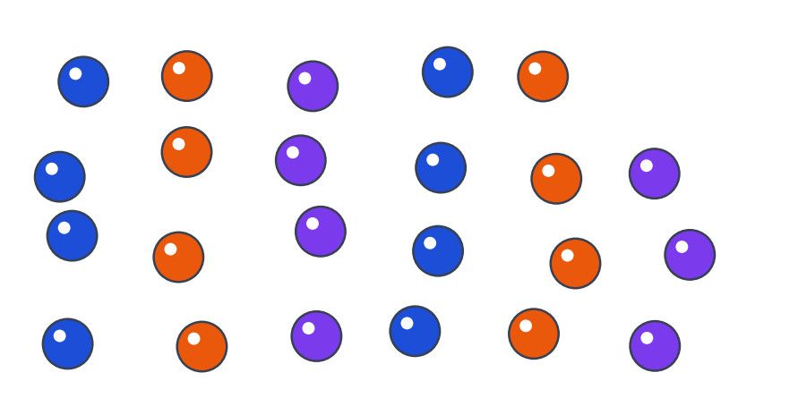 Vingt-trois billes bleues, orange et violettes posées en vrac, à regrouper par paquets de cinq