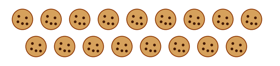Dix-sept cookies aux pépites de chocolat dessinés sur deux rangées, neuf en haut et huit en bas