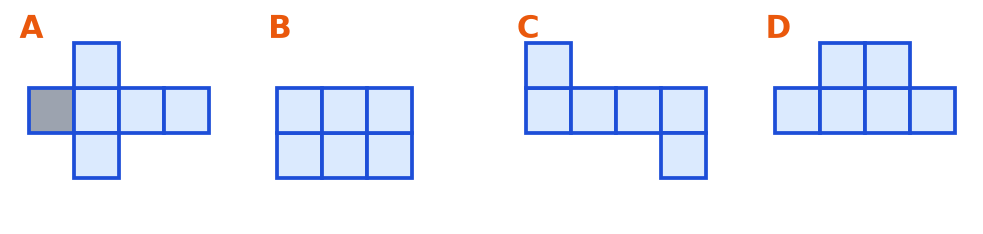 Quatre assemblages de six carrés nommés A, B, C et D ; dans le dessin A, un carré à gauche est grisé