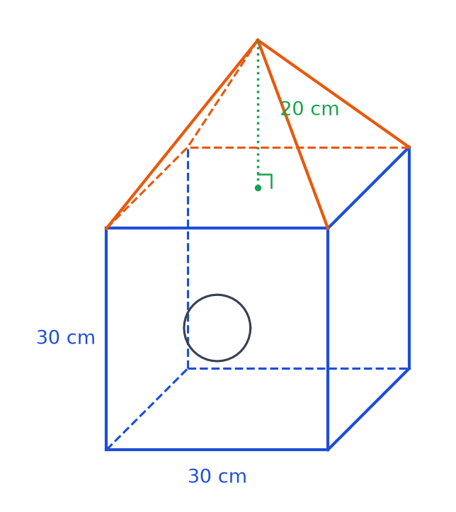 Nichoir en perspective cavalière : cube de 30 cm d'arête surmonté d'une pyramide de même base et de hauteur 20 cm en pointillés