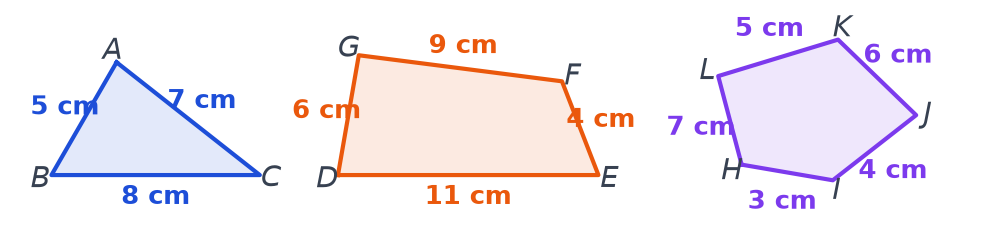 Triangle ABC de côtés 5 cm, 8 cm et 7 cm, quadrilatère DEFG de côtés 11, 4, 9 et 6 cm, pentagone HIJKL