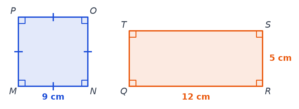 Carré MNOP de 9 cm de côté avec ses côtés égaux codés, puis rectangle QRST de 12 cm sur 5 cm