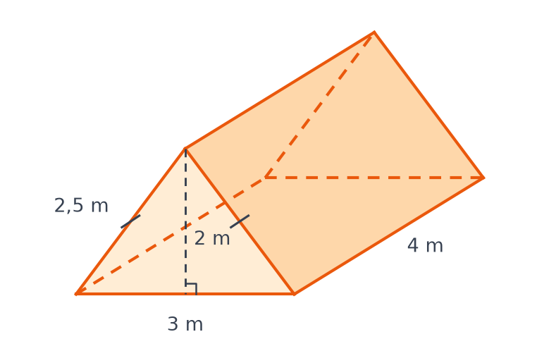 Tente en forme de prisme droit : entrée triangulaire isocèle de base 3 m, hauteur 2 m, côtés 2,5 m, longueur 4 m