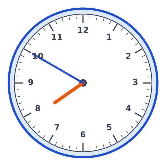 Horloge à aiguilles indiquant sept heures cinquante, petite aiguille orange entre 7 et 8, grande aiguille bleue sur le 10