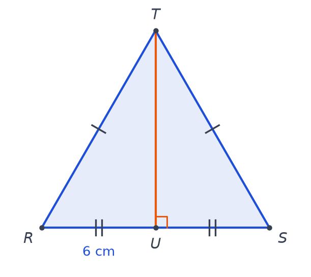 Triangle équilatéral RST de côté 6 cm, point U milieu de RS, segment TU perpendiculaire à RS avec codages