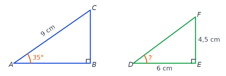 Triangle ABC rectangle en B avec AC = 9 cm et un angle de 35° en A, et triangle DEF rectangle en E avec DE = 6 cm, EF = 4,5 cm
