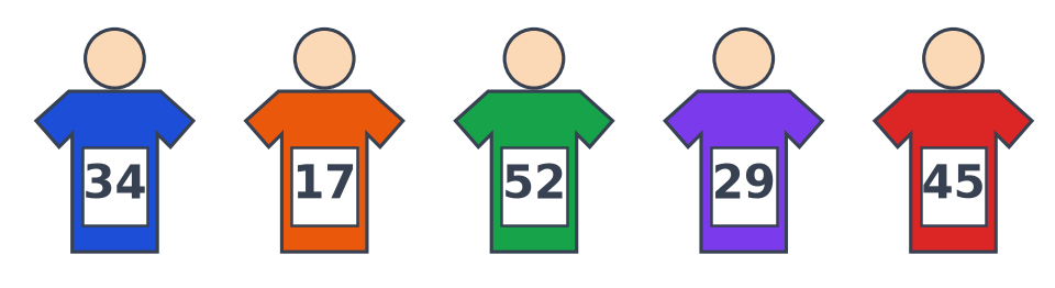 Cinq enfants en maillot de couleur portant les dossards 34, 17, 52, 29 et 45