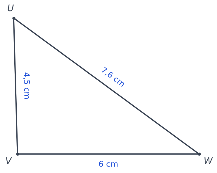 Triangle UVW avec UV égal à 4,5 cm, VW égal à 6 cm et UW égal à 7,6 cm, angle en V presque droit
