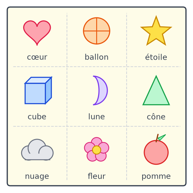 Planche de neuf autocollants sur trois lignes : cœur, ballon, étoile en haut ; cube, lune, cône au milieu ; nuage, fleur, pomme en bas
