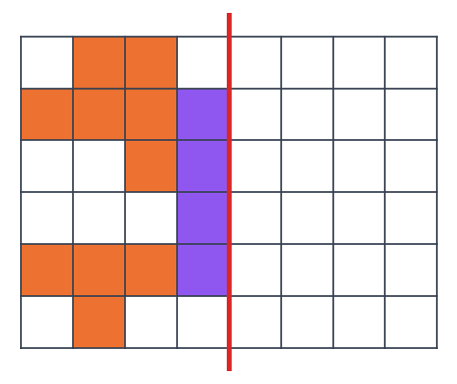 Moitié gauche d'un papillon en cases orange et violettes sur un quadrillage, avec un axe rouge vertical au milieu