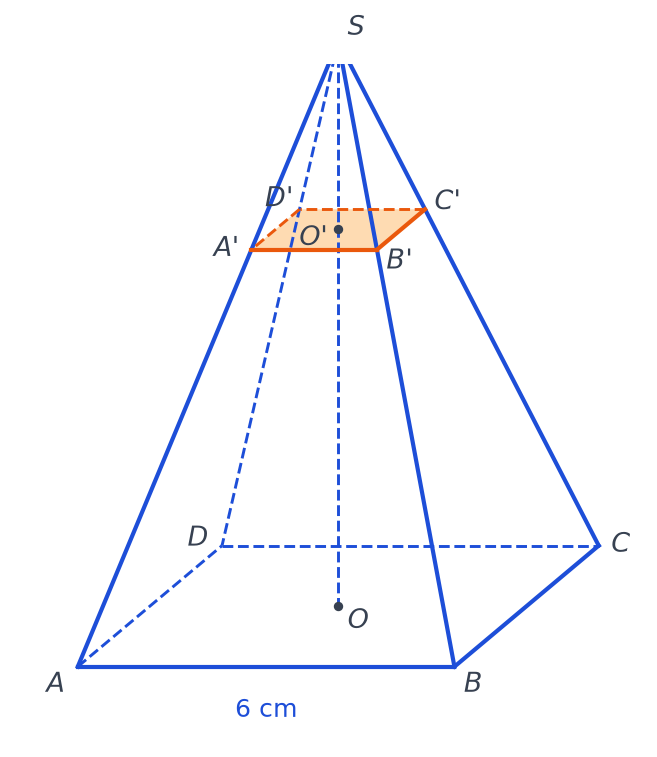 Pyramide SABCD à base carrée de côté 6 cm, hauteur SO, coupée parallèlement à la base selon le carré A'B'C'D' de centre O'