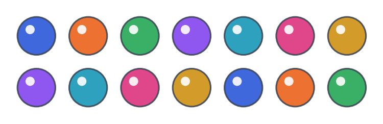 Les quatorze billes de Zoé dessinées en deux rangées de sept billes de couleurs différentes