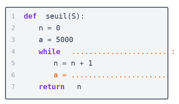 Fonction Python seuil(S) qui initialise n à 0 et a à 5000, avec une boucle while et une mise à jour de a à compléter