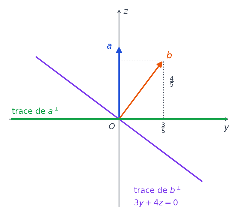 Coupe par le plan x égal 0 avec les vecteurs unitaires a et b, et les traces des plans orthogonaux à a et à b