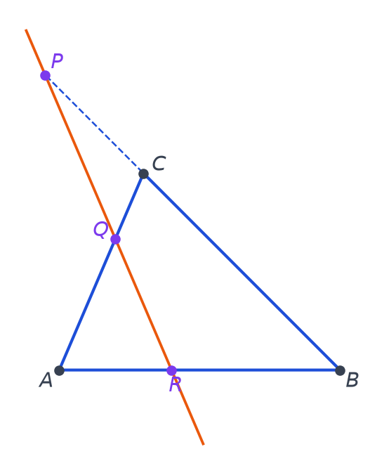 Triangle ABC avec les points P, Q et R alignés sur une même droite tracée en orange qui coupe les trois côtés