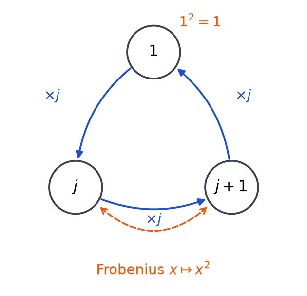 Les trois éléments non nuls 1, j et j + 1 de F4 reliés en cycle par la multiplication par j, et le Frobenius qui échange j et j + 1