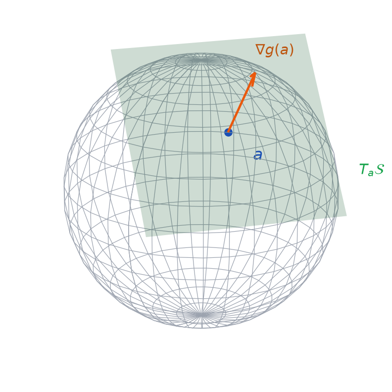 Sphère unité avec un point a, le vecteur gradient de g en a dirigé vers l'extérieur et le plan tangent en a
