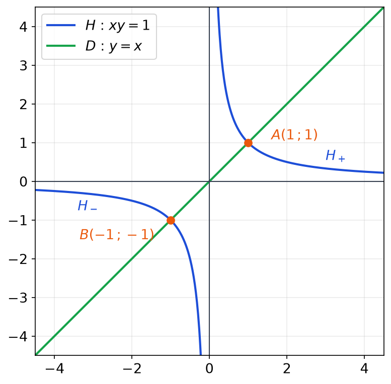 Hyperbole d'équation xy = 1 avec ses branches H+ et H-, droite D d'équation y = x qui les coupe aux points A(1 ; 1) et B(-1 ; -1)