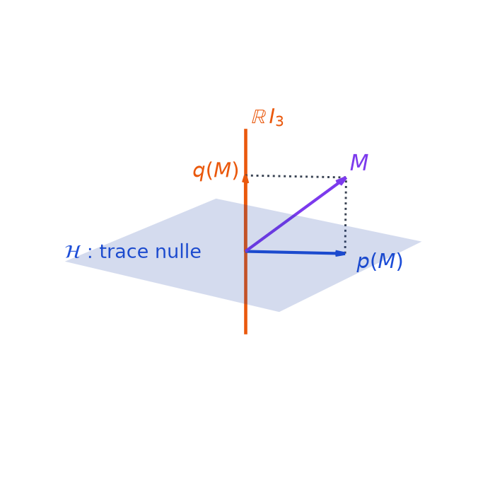 Schéma en perspective du plan H des matrices de trace nulle, de la droite engendrée par I3 et d une matrice M décomposée en p(M) plus q(M)