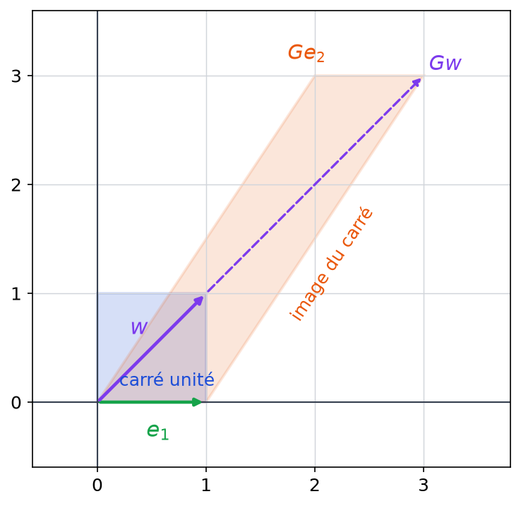 Carré unité et son image par la matrice G, parallélogramme de sommets 0, (1,0), (3,3) et (2,3), avec les vecteurs e1, w et Gw