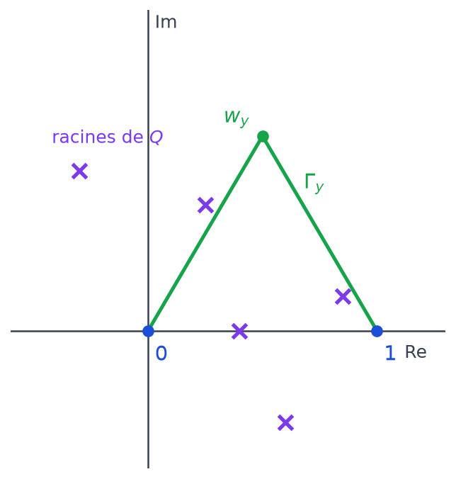 Plan complexe avec des racines de Q marquées par des croix et une ligne brisée de 0 à 1 passant par le point w d abscisse un demi