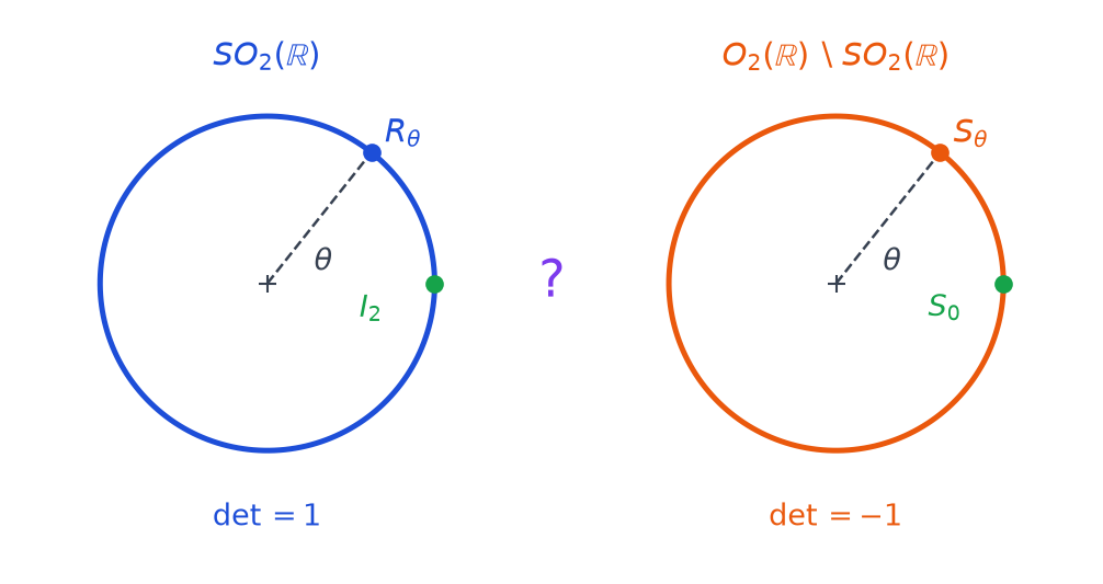 Deux cercles unité séparés, celui des rotations R theta de déterminant 1 et celui des matrices S theta de déterminant moins 1