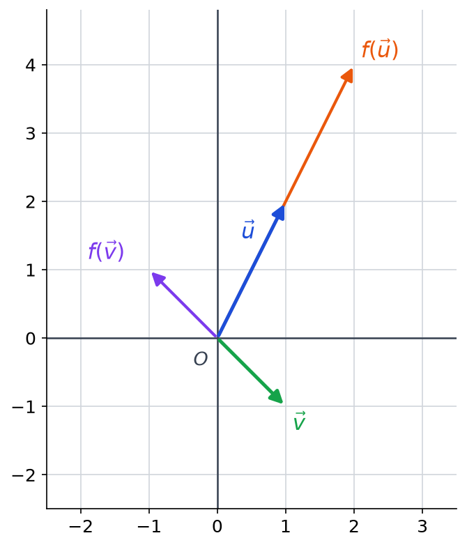 Repère quadrillé avec les vecteurs u de coordonnées 1 et 2, v de coordonnées 1 et -1, et leurs images f(u) et f(v)