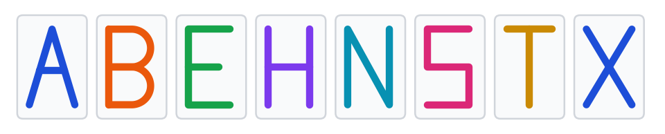 Huit lettres majuscules en bâton de couleurs différentes : A, B, E, H, N, S, T et X