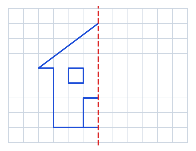 Quadrillage de 12 carreaux sur 9 avec un axe vertical rouge et la moitié gauche d'une maison : mur, toit, porte et fenêtre