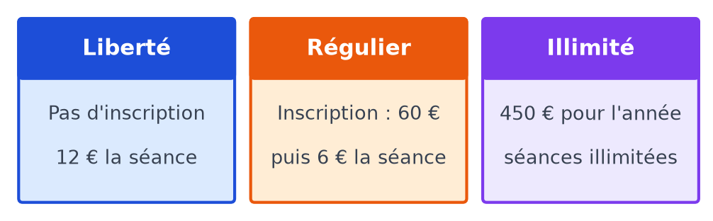 Trois cartes de tarifs : Liberté à 12 euros la séance, Régulier avec 60 euros d'inscription puis 6 euros la séance, Illimité à 450 euros par an